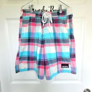 Hollister Vintage Board Shorts Swim Surf Trunks Pink Blue Plaid Men's Medium